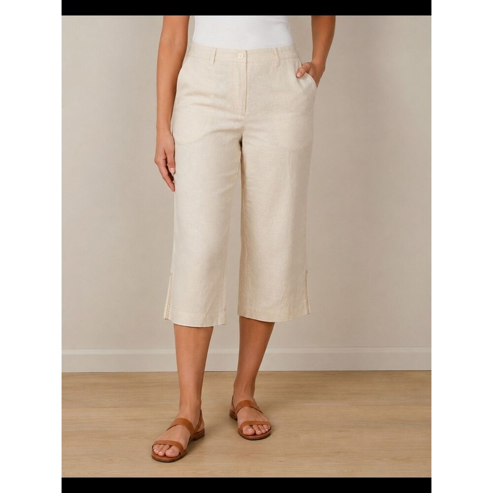 RQT Linen Blend Cropped Capri Pants Women's Size 10 Beige Cream Side Slit Lined